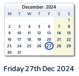 27 December 2024 calendar