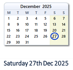 27 December 2025 calendar