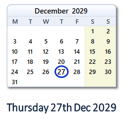 27 December 2029 calendar