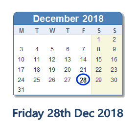 28 December 2018 calendar