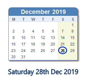 28 December 2019 calendar