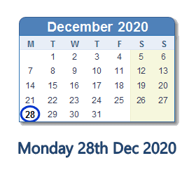 28 December 2020 calendar