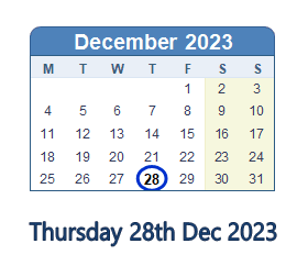 28 December 2023 calendar