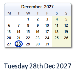 28 December 2027 calendar