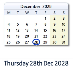 28 December 2028 calendar