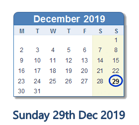 29 December 2019 calendar