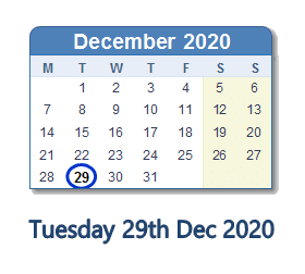 29 December 2020 calendar