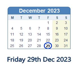 29 December 2023 calendar