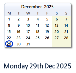 29 December 2025 calendar