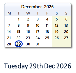 29 December 2026 calendar