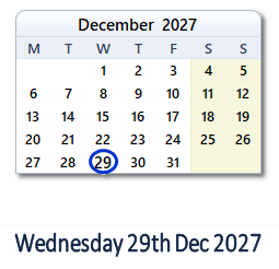 29 December 2027 calendar