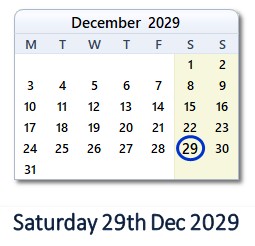 29 December 2029 calendar