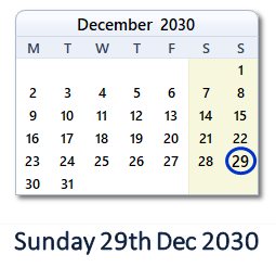 29 December 2030 calendar