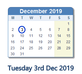 3 December 2019 calendar