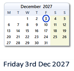 3 December 2027 calendar