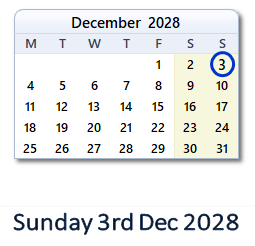 3 December 2028 calendar