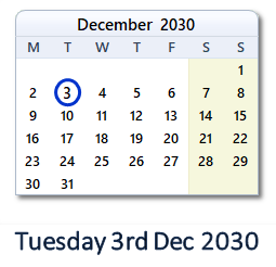 3 December 2030 calendar