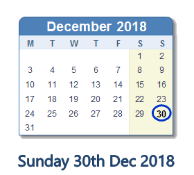 30 December 2018 calendar