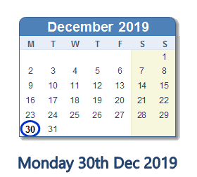 30 December 2019 calendar