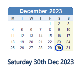 30 December 2023 calendar