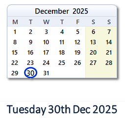 30 December 2025 calendar