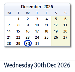 30 December 2026 calendar