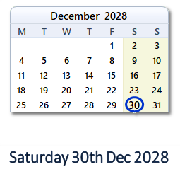 30 December 2028 calendar