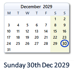 30 December 2029 calendar