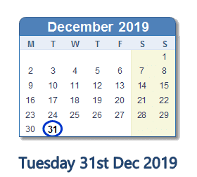 31 December 2019 calendar