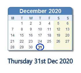 31 December 2020 calendar