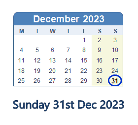 31 December 2023 calendar