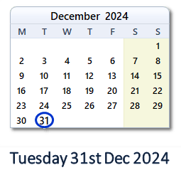 31 December 2024 calendar
