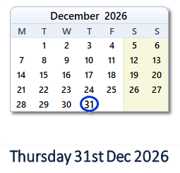 31 December 2026 calendar