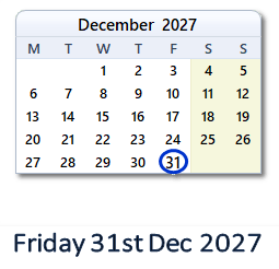 31 December 2027 calendar