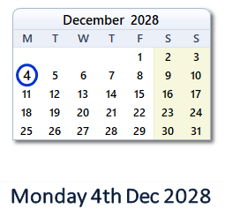 4 December 2028 calendar