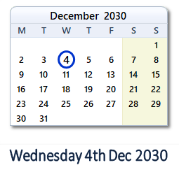 4 December 2030 calendar