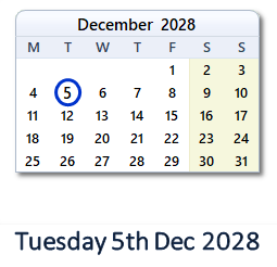 5 December 2028 calendar