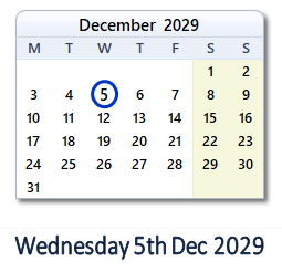 5 December 2029 calendar