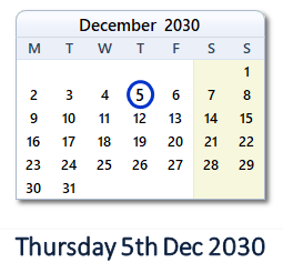 5 December 2030 calendar