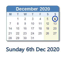 6 December 2020 calendar