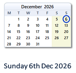 6 December 2026 calendar