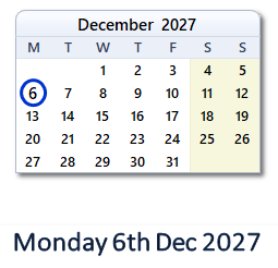 6 December 2027 calendar