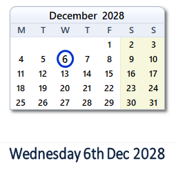 6 December 2028 calendar