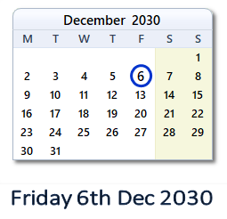6 December 2030 calendar