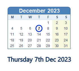 7 December 2023 calendar