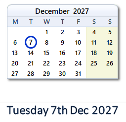 7 December 2027 calendar