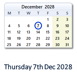 7 December 2028 calendar