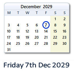 7 December 2029 calendar
