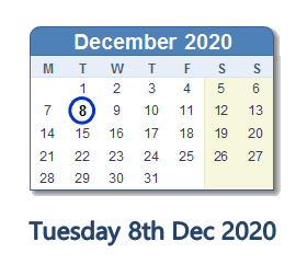8 December 2020 calendar