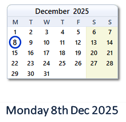 8 December 2025 calendar